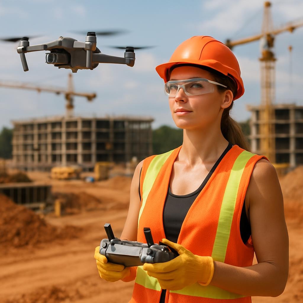 Female drone pilot in PPE monitoring a Georgia commercial construction site.